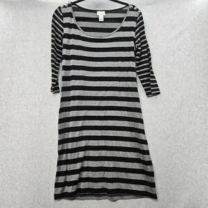 Motherhood Maternity Dress Black Gray Stripe Shoulder Button Detail Size M‎